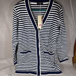Striped Open Front Long Sleeve Cardigan Size Medium Blue And White CC1